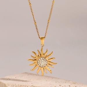 1 Piece Simple Series Punk Sun Stainless Steel  Gold Color Rhinestone Women's Pendant Necklaces h5 